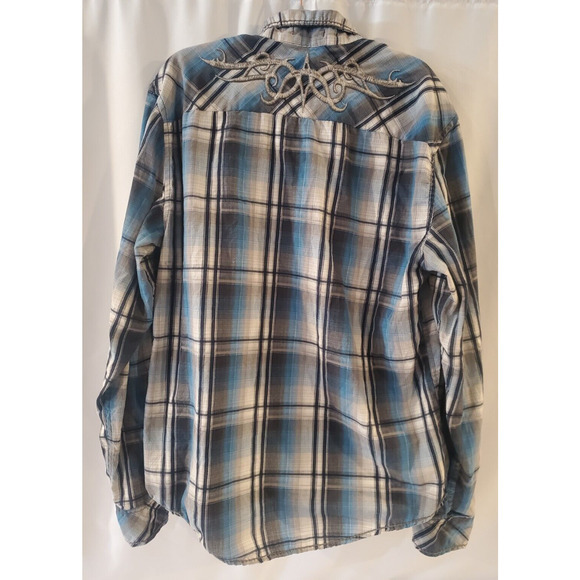 CJ Black Men's Size Large Button Up Plaid Shirt‎ Blue Gray Long Sleeve Slim Fit - Picture 6 of 15
